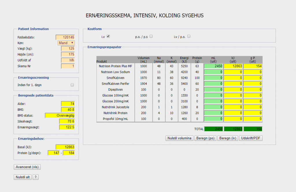 Nutrition Calculator for the ICU, Kolding